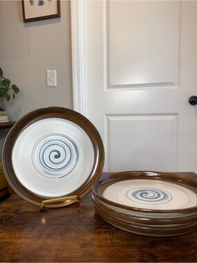 Dash of That Tracey Stoneware Salad Plates 8.5” Blue Brown Swirl - Set of 4